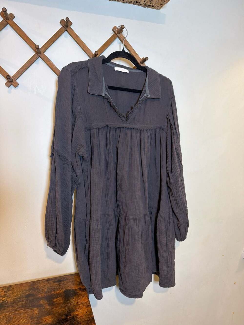 Ces Femme Charcoal Grey Tiered Gauze Long Sleeve Tunic Dress Size L